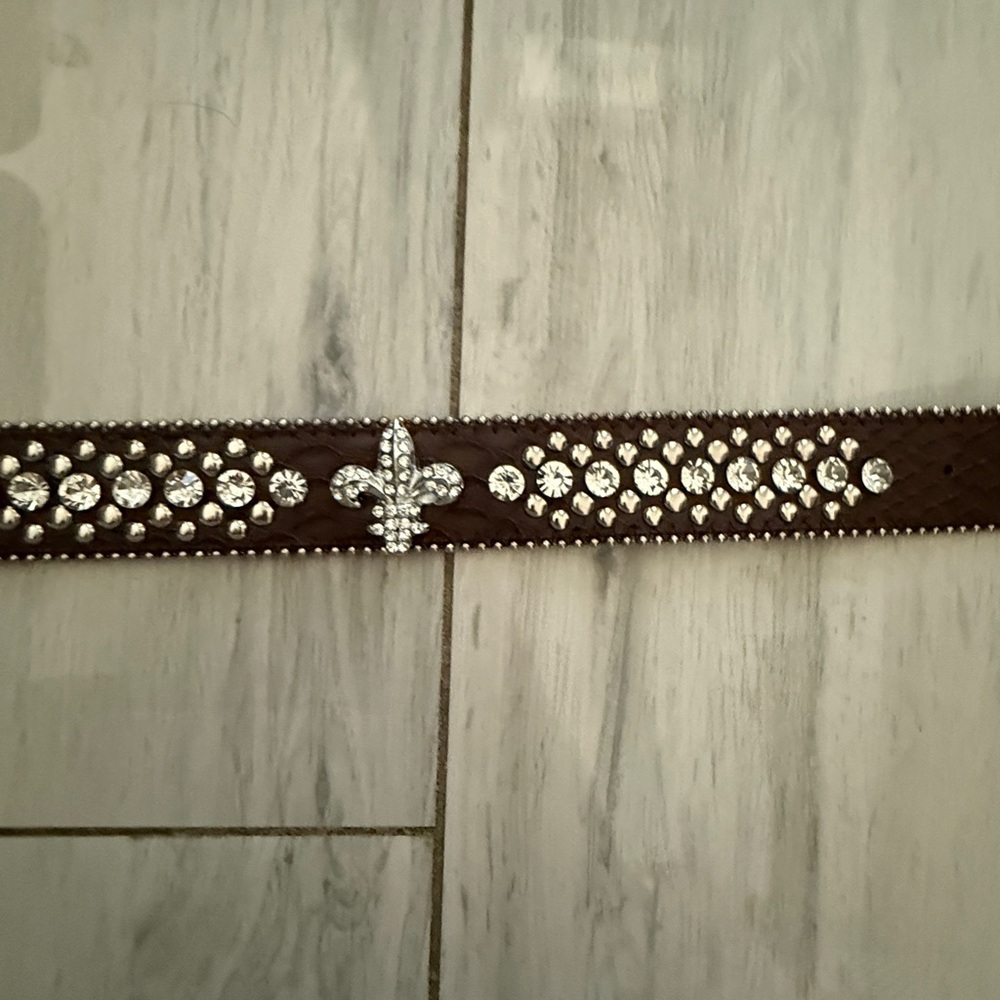 Leather Copper Bronze Fleur De Lis Western RHINESTONE Belt M SM - Picture 4 of 11